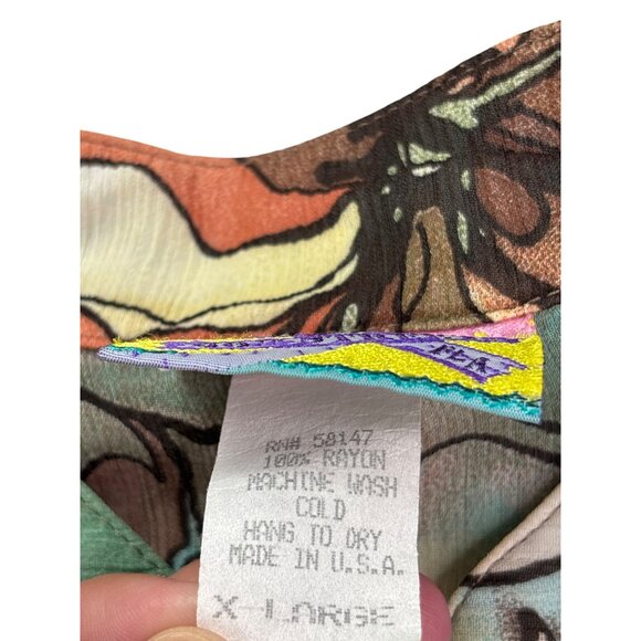 90s 46th Street Miami FLA Womens Button Front Top XL Floral Sheer Shoulder Pads - Picture 5 of 6